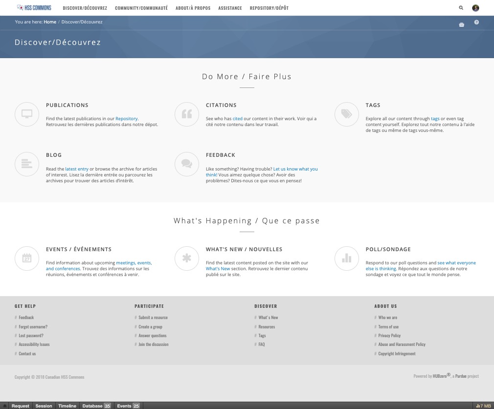 Figure 3: A screenshot highlighting the features of the prototype Canadian HSS Commons, currently in development. Users can explore publications shared in the Repository, read blogs by other users, review citation metrics for repository material, and explore content by tags. Figure 3